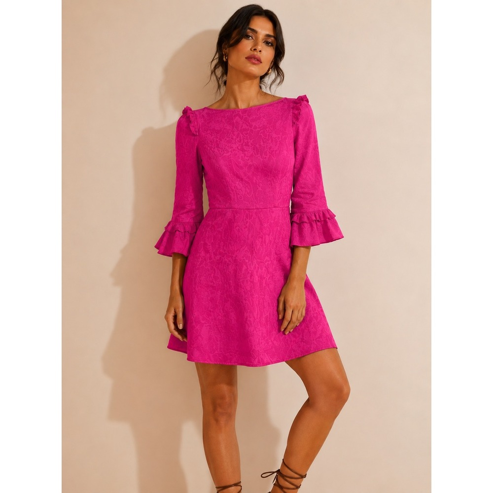 Beyond by Vera Pink Paisley Jacquard Ruffle Bell Sleeve Mini Dress Womens Large